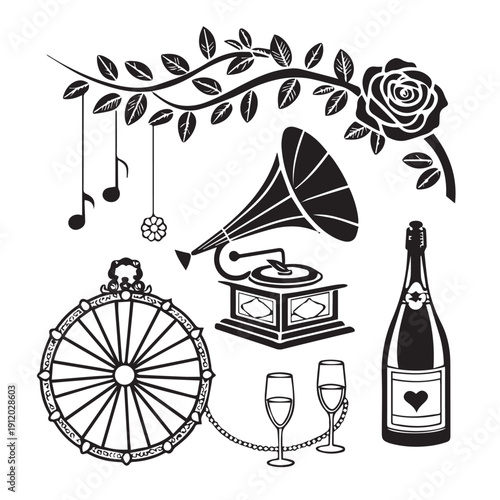 Set of isolated vintage romance silhouette symbols. rose branch with notes, gramophone, champagne bottle and glasses, wheel on white background