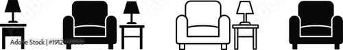 Living room furniture icons set with armchair and table lamp silhouettes in solid and outline style