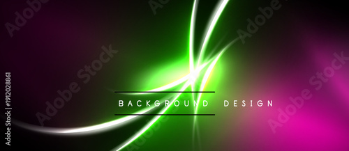 Abstract neon lines over dark gradient. Vibrant purple, green hues create dynamic visual effect. Modern design element.