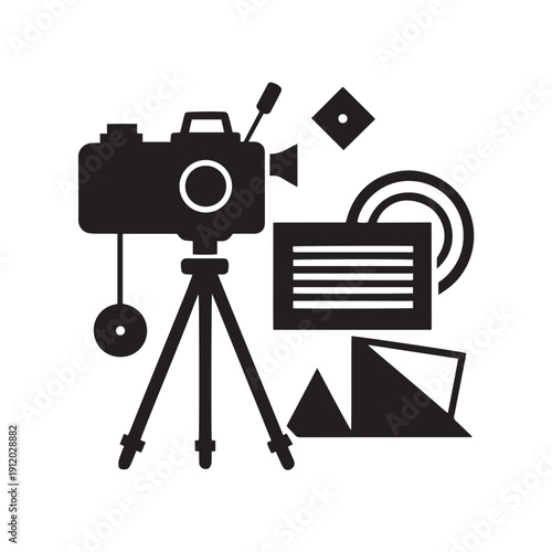 Vintage video camera on tripod, abstract shapes, and geometric elements, retro filmmaking equipment, photography concept, abstract art, creative elements