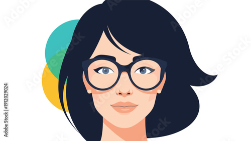 Close up portrait of a young woman with dark hair and oversized black glasses looking at the viewer on a plain background.