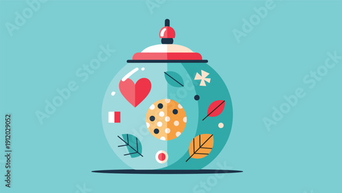 Decorative teal cookie jar with a red lid featuring heart and leaf patterns against a soft turquoise background.