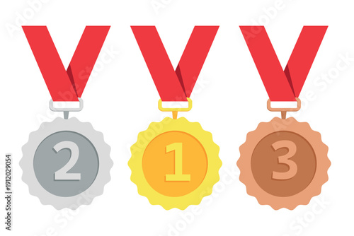 This flat vector illustration shows a complete set of three awards including the gold, silver, and bronze medals hanging from bright red ribbons, signifying first, second, and third place.