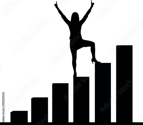 Silhouette of a triumphant woman on top of a rising bar graph