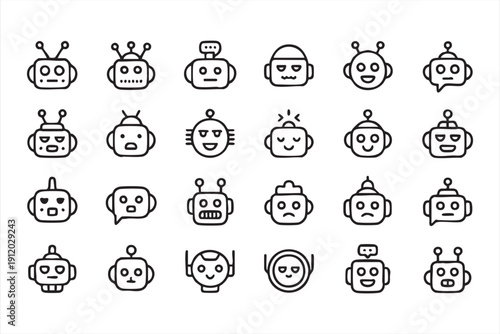 Line art robot characters for help desk and virtual assistant concepts
