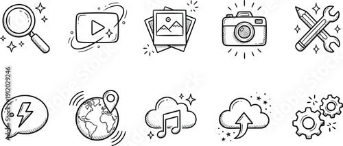 Hand-Drawn Doodle Icon Set for Digital Media, Technology, and Creative Tools Collection – Sketch Style Vector Graphics