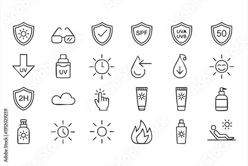 UV protection and sunscreen outline icons for skincare products