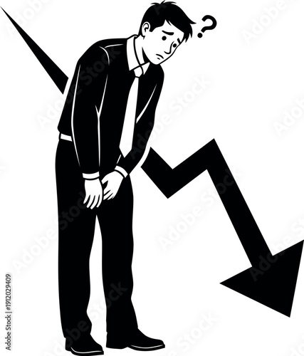 A businessman experiencing a downturn in fortunes with a large downward arrow