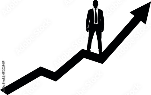 Businessman standing on growing chart with upward trend arrow