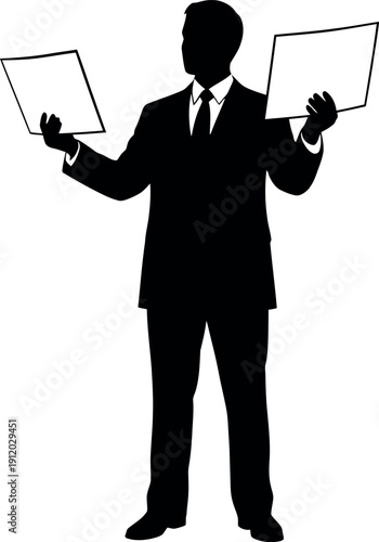 Silhouette of a businessman holding two blank whiteboards