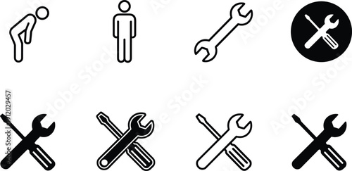 Maintenance repair service icon set with worker wrench tools silhouette and outline vector illustration isolated