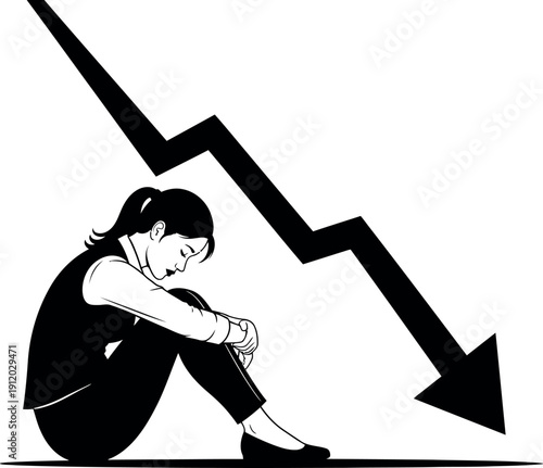 A person feeling sad and depressed with a downward trend arrow