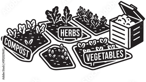 Urban Raised-Bed Garden With Labeled Herb And Vegetable Patches And Compost Bin, Black Solid Vector Illustration For Community Gardening, Sustainable Food Production And Zero-Waste