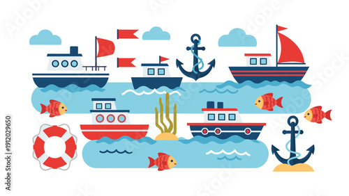 Maritime collage includes various steamships, sailboats, anchors, fish, and a lifebuoy over stylized blue ocean waves.