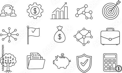 Doodle line art vector icon set illustrating core business strategies, financial concepts, technological innovation, and data networking for modern designs