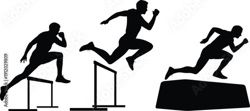 Black silhouette sequence of athlete jumping hurdles, track and field training concept, speed and agility isolated on white background