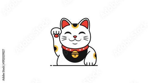 Traditional white maneki neko lucky cat with a black bib and red ears waves its paw to bring good fortune and wealth.