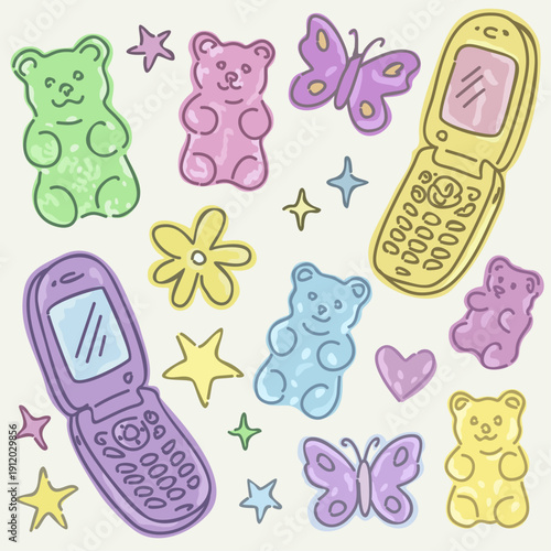 Trendy 2000s doodle elements in bright and slightly pastel color palette with hues of pink, blue, mint and yellow. Jelly bears, smartphones, butterflies, hearts, flowers and stars. Girlish teenage gla