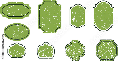 Collection of distressed green grunge rubber stamps and vintage badge shapes