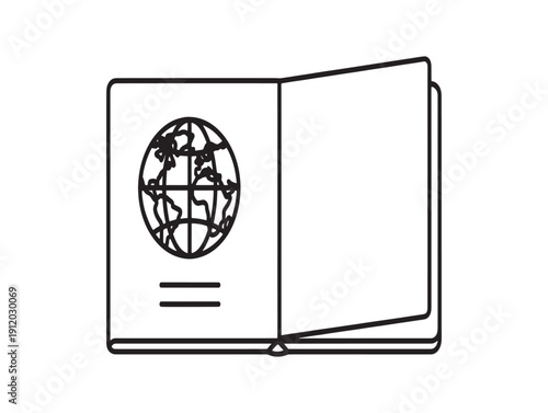 A black and white line drawing of an open passport with a globe on the cover