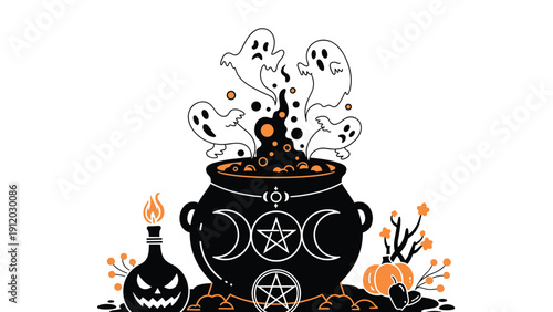 Spooky Halloween scene features a bubbling black cauldron with ghosts, a jack-o-lantern potion, and orange pumpkins.