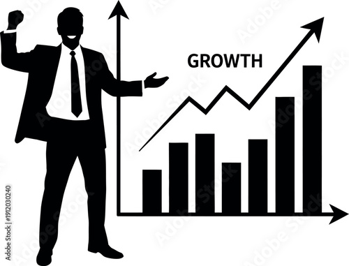 Businessman presenting a growth chart with increasing graph and statistics