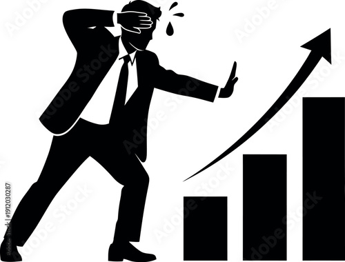 Stressed businessman reacting to rising graph with a mix of shock and dismay