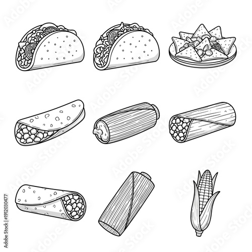 Mexican food icons including tacos and burritos