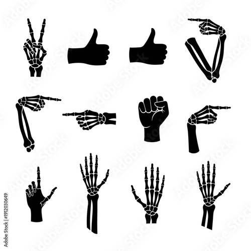 Hand gestures and skeleton hand silhouettes set