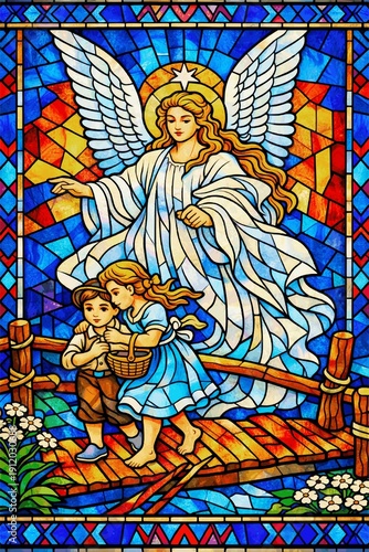 Принти на полотні Guardian angel protecting children on bridge colorful stained glass mosaic style
