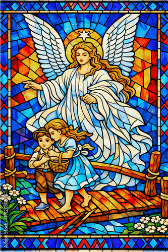 Guardian angel protecting children on bridge colorful stained glass mosaic style christian religious art illustration