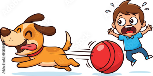 Cartoon Boy Running Away from Playful Dog Chasing a Red Ball Vector Illustration for Childrens Books, Pet Care Blogs, and Family Themed Graphic Designs