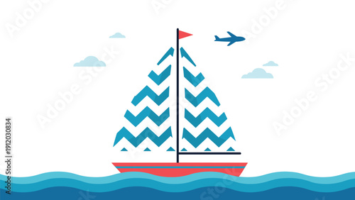 Sailboat with a blue zigzag pattern on its sails gliding on ocean waves under a blue sky with a small airplane.