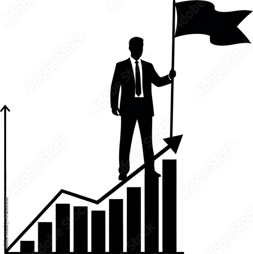 Businessman standing on a growing graph with a flag