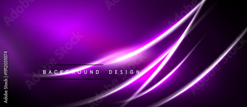 Abstract purple background. Bright neon lines create dynamic flow, modern design element. Text reads background design.