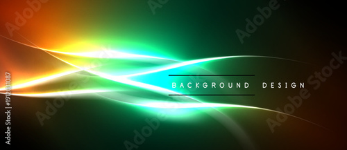 Abstract vibrant lines create dynamic energy. Green, yellow, orange hues blend, forming modern visual effect. Dark background emphasizes luminosity.