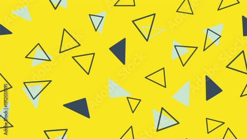 Playful pattern of scattered solid and outlined triangles in dark grey light blue and yellow colors on a bright yellow background.