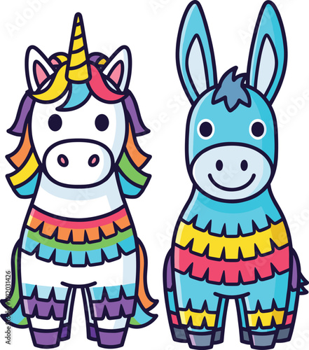 Colorful Unicorn and Donkey Piñata Vector Illustration Set for Birthday Parties, Mexican Fiesta Celebrations, Kids Events, and Festive Decorative Graphic Design Elements