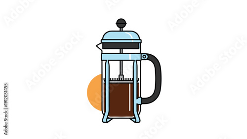 French press coffee maker filled with dark brew standing against a white background with a decorative orange circle.