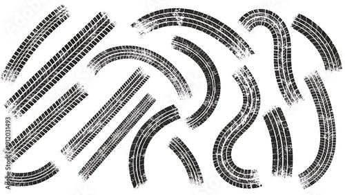Collection of black tire tracks on white background