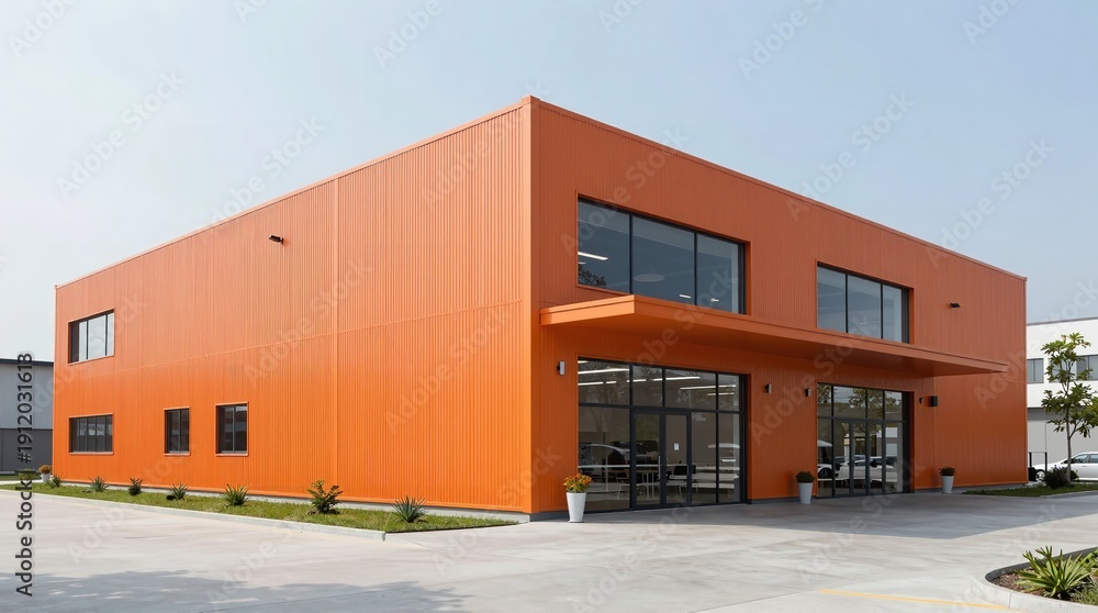 Naklejka premium A modern orange building with large windows and a sleek design stands alone in a parking lot under a clear blue sky.