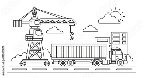 Truck and Crane at Warehouse.