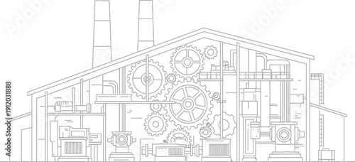 Detailed cross section illustration depicting the complex internal machinery and interlocking gears operating within a schematic factory building structure
