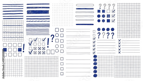 A collection of blue and white hand drawn graphic design elements