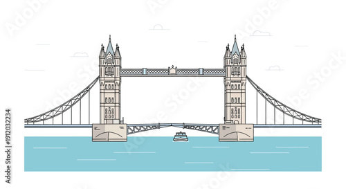 Iconic line art illustration of the famous London Tower Bridge spanning a river with a small boat passing underneath in clear weather