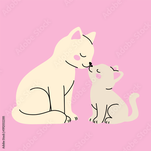 Cute Mother and Kitten Illustration on Pink Background