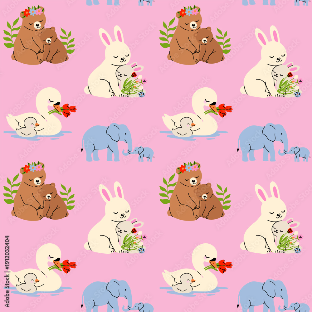 Fototapeta premium Cute Animal Mom and Baby Repeating Pattern with Flowers