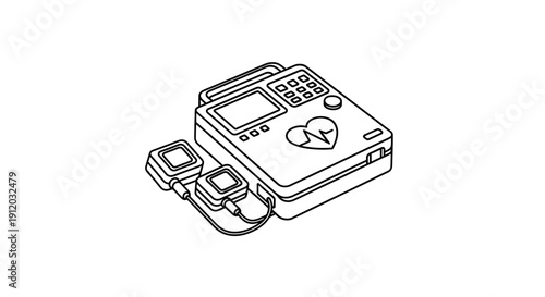 Defibrillator Medical Device with Heartbeat Symbol - Line Art Illustration