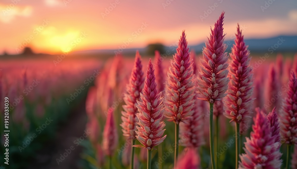 Fototapeta premium Close up on pink and white celosia flowers field at golden hour. Soft sunset light illuminates rows of blooming cockscomb plants. Rural landscape with vibrant flora at dusk.