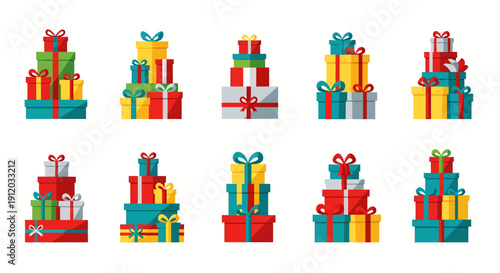 A collection of colorful gift boxes stacked in various configurations with ribbons and bows on a white background.